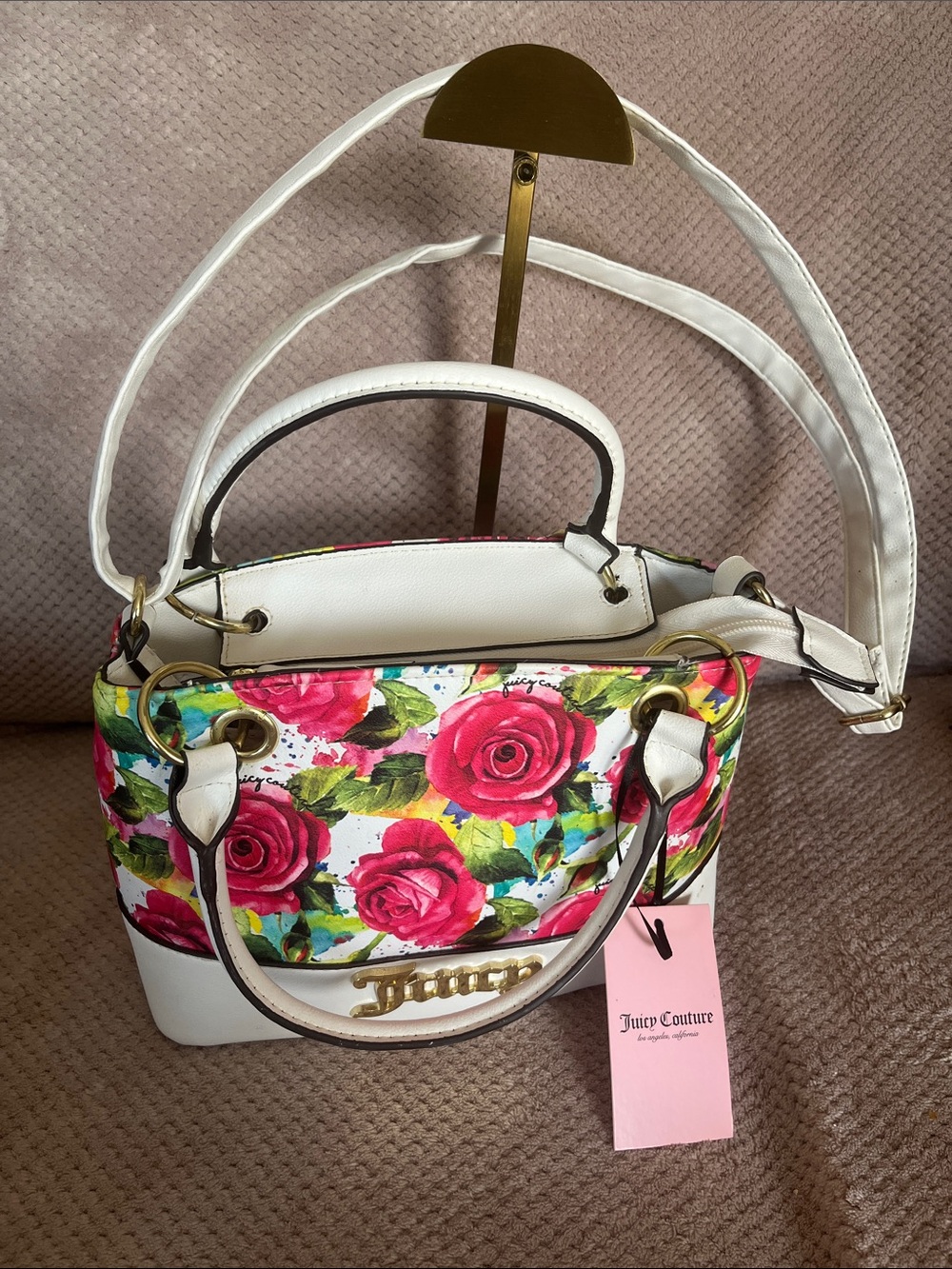 Juicy Couture White Floral Satchel with Pink Rose Print New With Tags